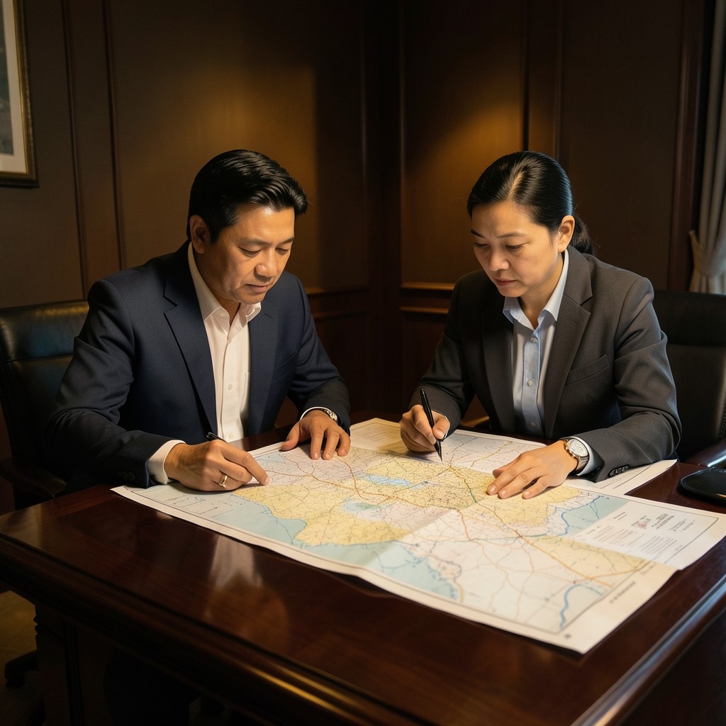 Two consultants reviewing printed coastal maps on a wooden table in warm evening light