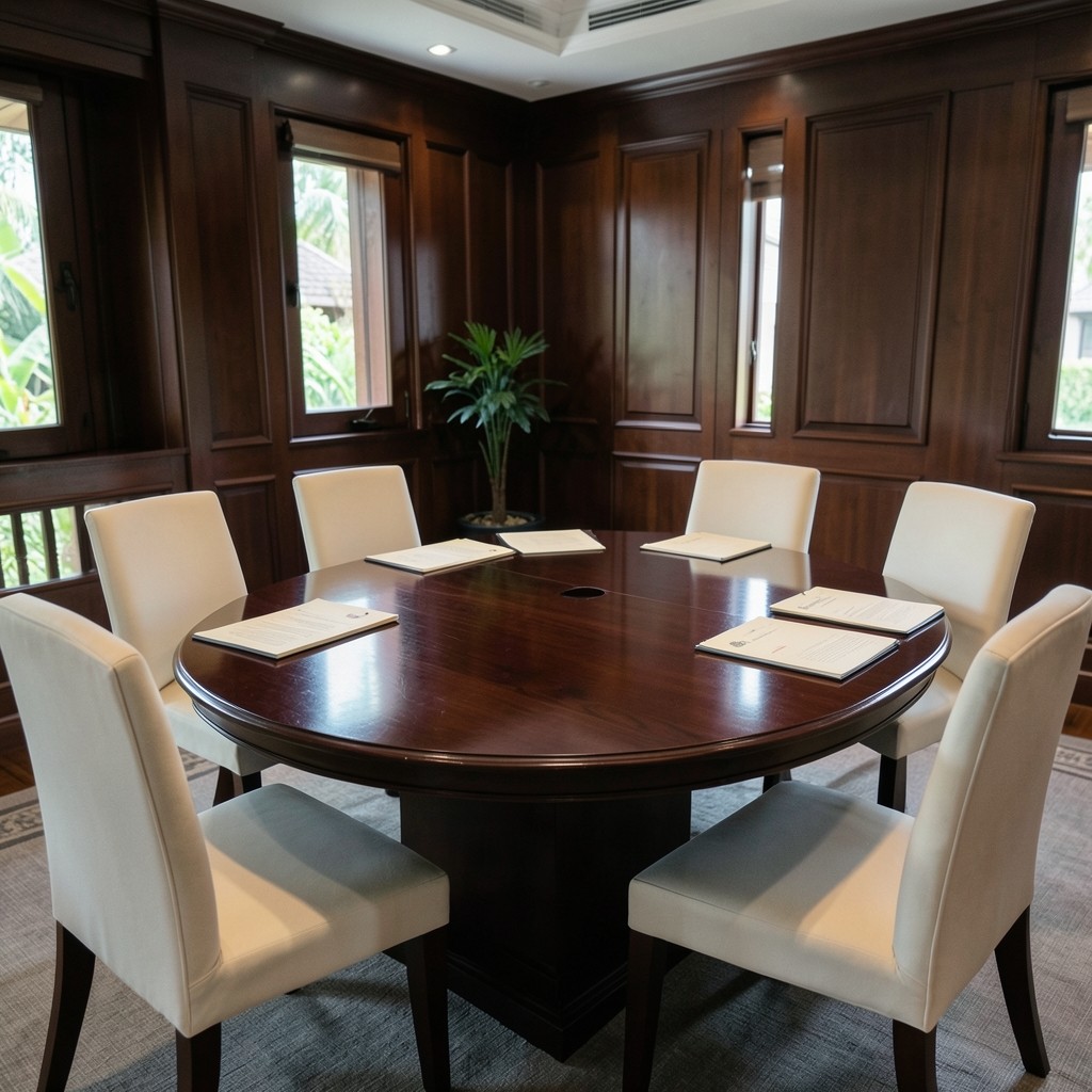Formal meeting room with printed dossiers laid out before empty chairs