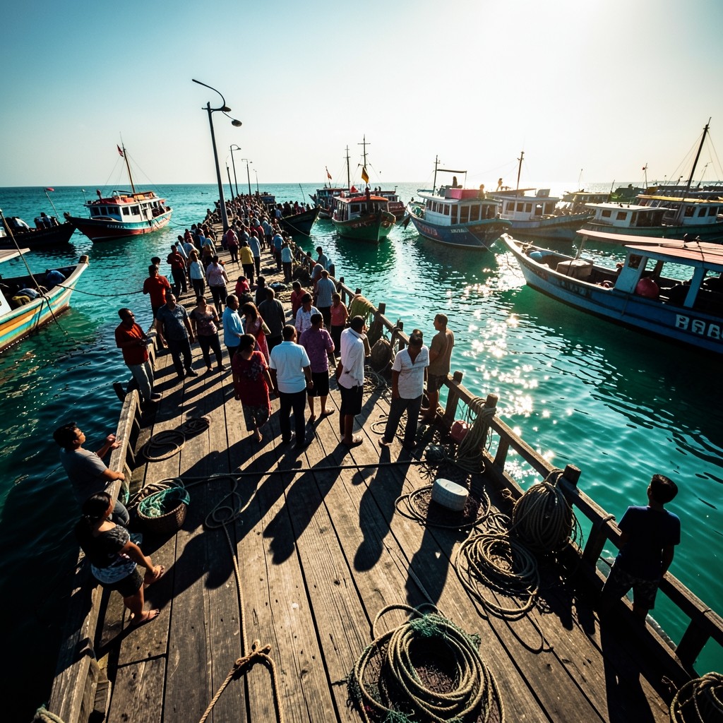 Busy pier with day boats departing a coastal Thai town under bright midday sun