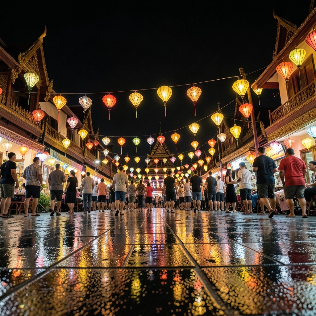 Nighttime festival lanterns reflecting on wet pavement in a Thai town square