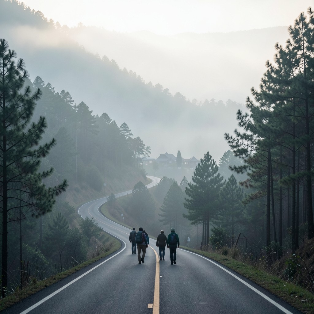 Misty mountain road with a small group of travelers walking toward a northern Thai village