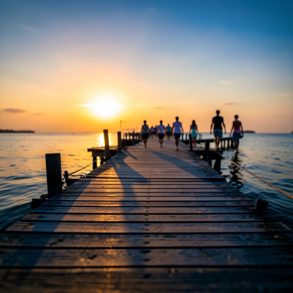 Golden-hour coastline with travelers walking a wooden pier toward distant islands
