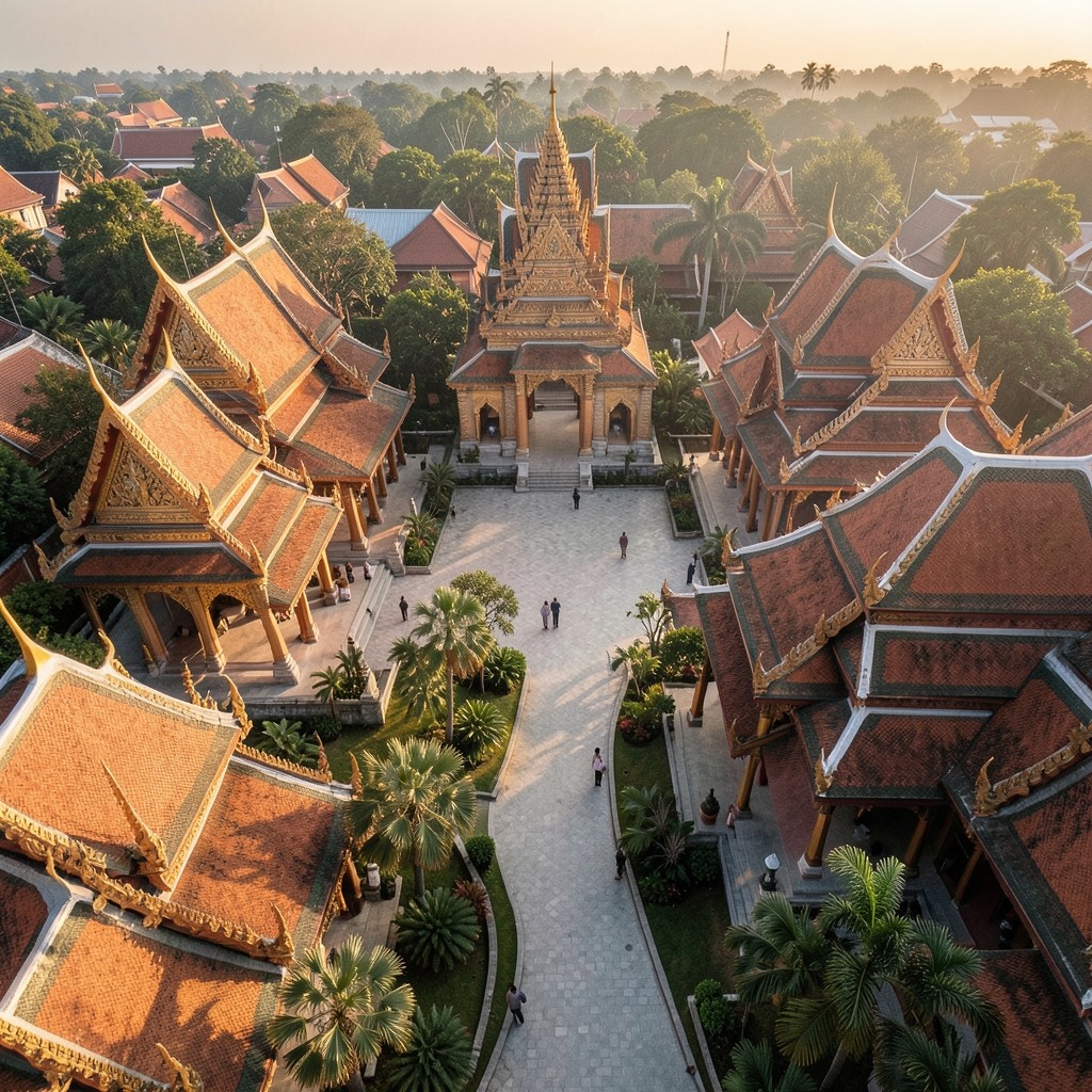 Aerial view of temple rooftops and surrounding visitor pathways at golden hour