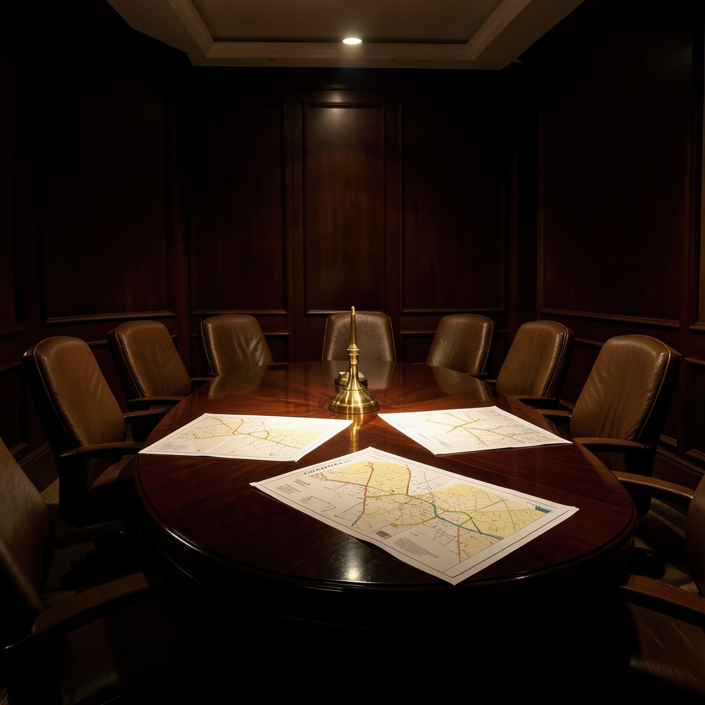 Meeting table with printed tourism maps and charts under warm lamplight