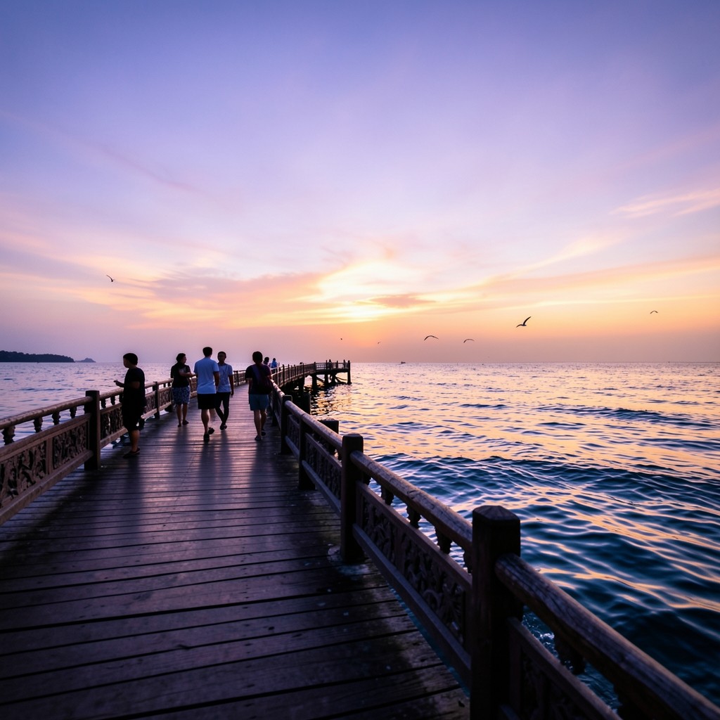 Coastal pier at dusk with travelers walking toward the horizon