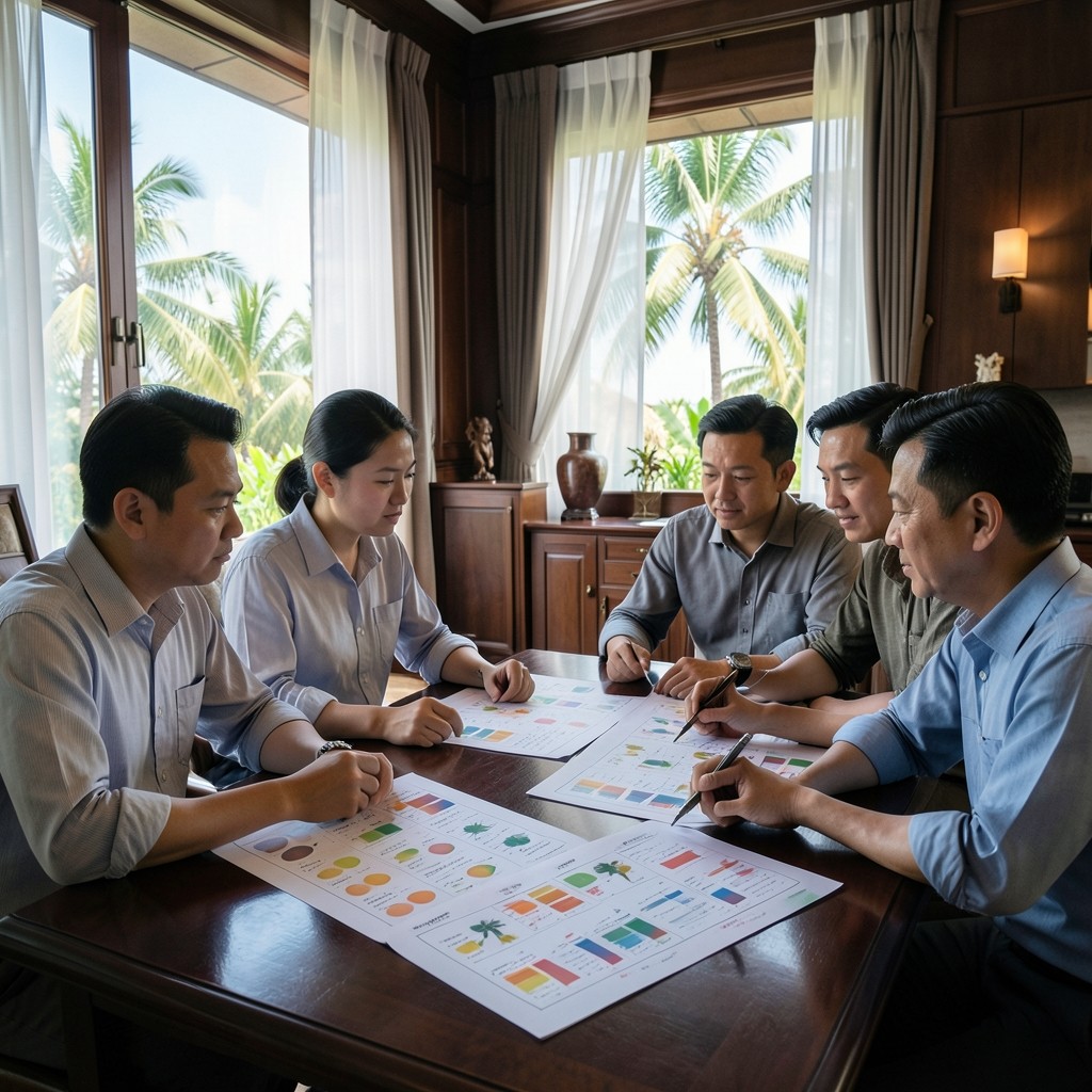 Small group studying printed seasonal charts beside a window overlooking palm trees