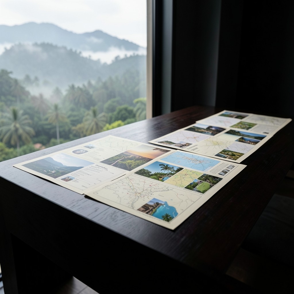 Printed seasonal trend boards arranged on a long table beside a window overlooking tropical hills